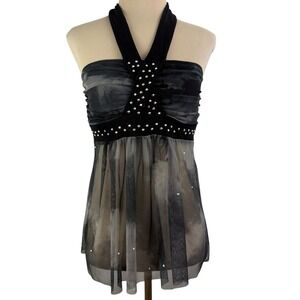 Black Babydoll Mesh Beaded Sheer TANK TOP M Whimsigoth Fairy Celestial Y2K